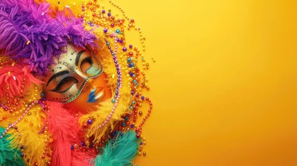 Colorful feather boa and beaded necklaces around a Mardi Gras mask on a yellow backdrop