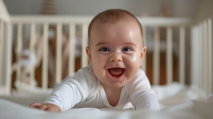 baby girl 6 months old lies in a crib in the nursery with white clothes on her back and laughs looks at the camera babys morning baby products concept : Generative AI