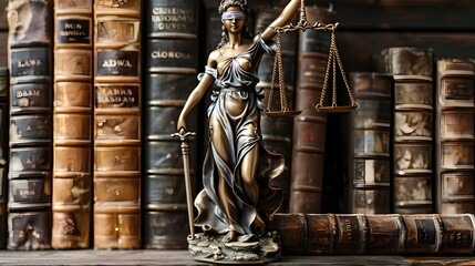 Closeup of Themis statue, concept of law and justice, Legal Concept: Themis is Goddess of Justice and law on the background of books AI
