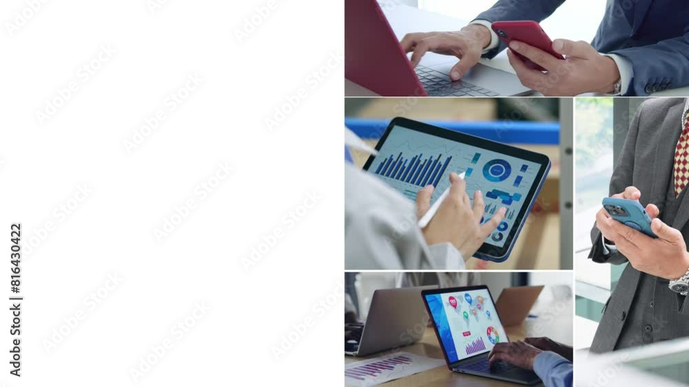 Poster Collage video of various scenes of using digital devices with wipe transition from white background.