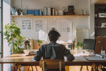 Fototapeta premium An engineer is designing blueprints at a table in a minimalist and efficient study nook