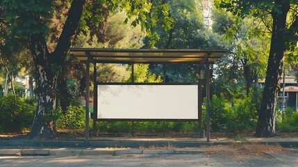 white blank advertising billboard street mockup panel digital lightbox poster ad banner board bus shelter advertising green park background vertical format sign stucco facades european : Generative AI