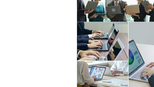 様々なビジネスシーンのコラージュ映像　白バックからのワイプトランジション