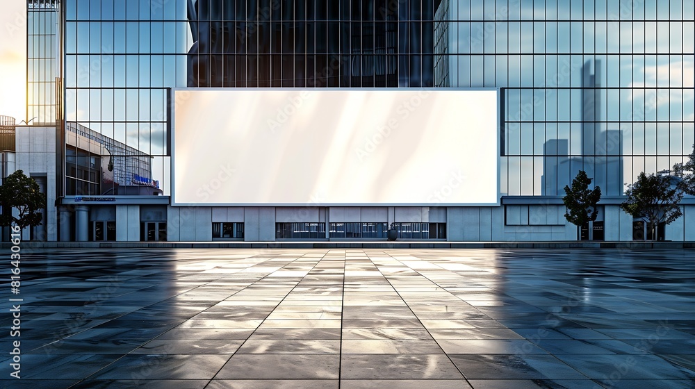 Poster large horizontal blank advertising poster billboard banner mockup in front of building in urban city