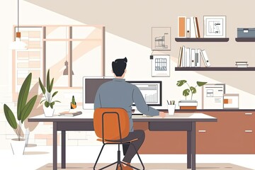 An engineer is designing blueprints at a table in a minimalist and efficient study nook. Simple and minimalist flat Vector Illustration