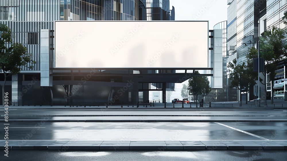 Poster advertising empty long white billboard with space for mockup information at urban street front view 