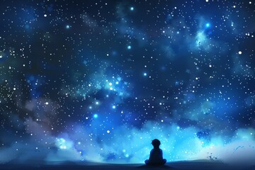 Cartoon cute doodles of a character sitting under a starry sky, contemplating the vastness of the universe and their place in it, Generative AI