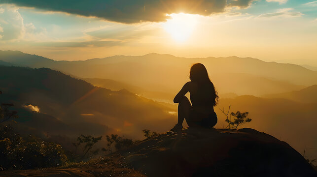 silhouette woman sitting on mountain in morning and vintage filter : Generative AI