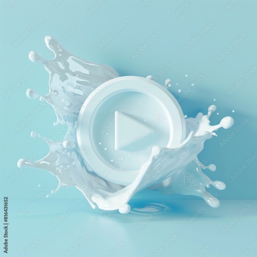Poster 3d icon of a play button in water on pastel blue background a play button submerged in water, creati