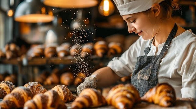 Young woman as a baker apprentice in the large bakery sprinkles poppy seeds on croissants : Generative AI