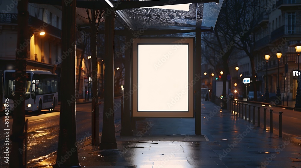 Poster blank white mock up of vertical light box in a bus stop at night : generative ai