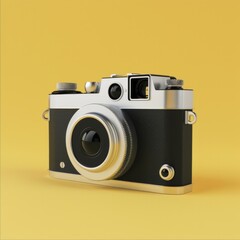 A 3D minimalist camera in matte black with subtle silver details, set against a pastel yellow background., AI Generative