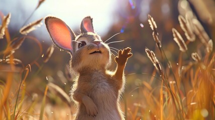 Guess How Much I Love You Little Nutbrown Hare reaching up as high as he can, trying to show Big Nutbrown Hare how much he loves him