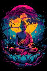 Neon Buddha Meditating under Bodhi Tree in Starry Skies