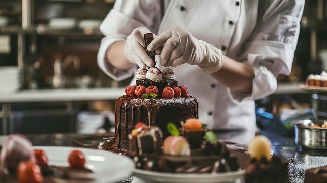 Pastry chef in the kitchen decorating a cake of chocolatefruitcandiesConfectioner is decorating chocolate cakecooking class culinary bakery food and people concept : Generative AI