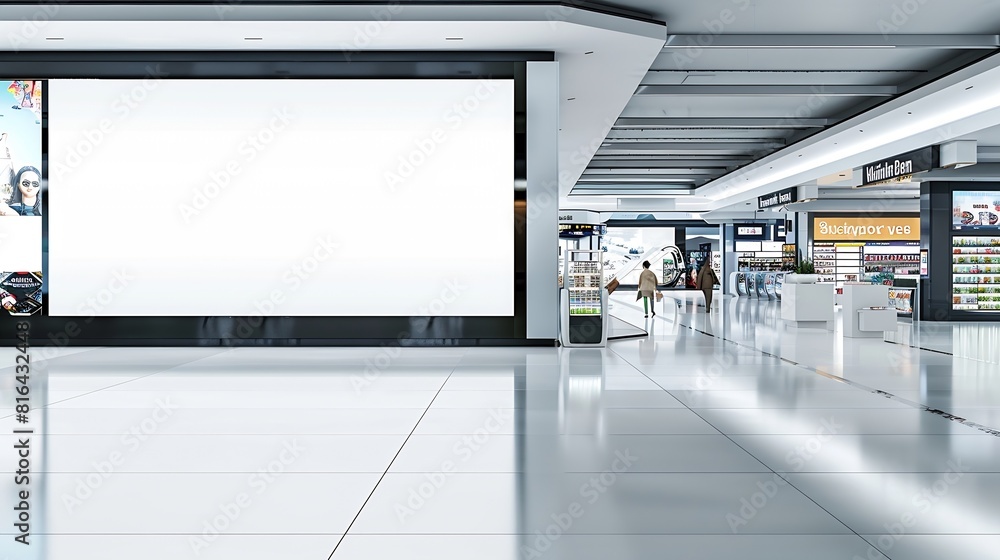 Poster sign and billboard mockup at duty free shop in departure terminal to promote your business or organi