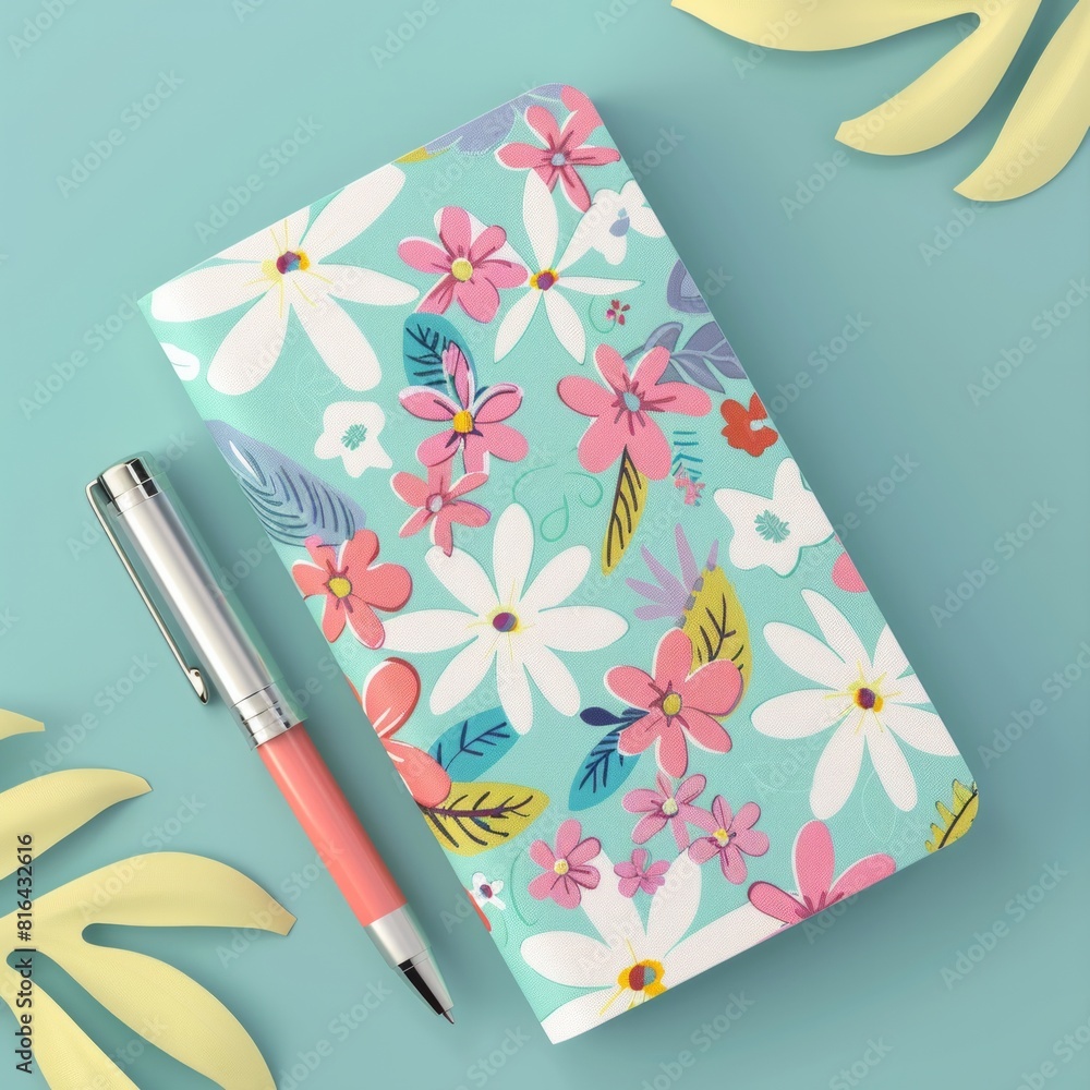 Poster floral notepad icon create a 3d icon of a notepad with a floral cover design and a matching gel pen,