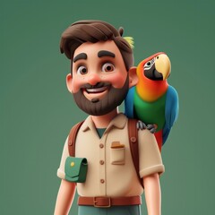 Fototapeta premium Generate a 3D portrait of a cartoon zookeeper with a parrot on his shoulder and a friendly smile. He loves animals and their care, AI Generative
