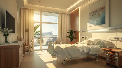 Esthetic and clean modern hospital patient room, at morning. Private clinic comfortable recovery place for patient treatment. Hospital ward interior. copy space for text.