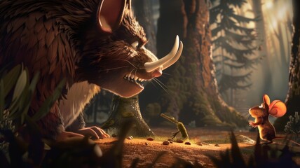 The Gruffalo Mouse facing the Gruffalo in the deep dark wood, standing bravely as the Gruffalo towers over with his terrible tusks and claws