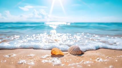 Beautiful summer background with seashell on the sandy beach and blue sea, sunny day. Vacation concept