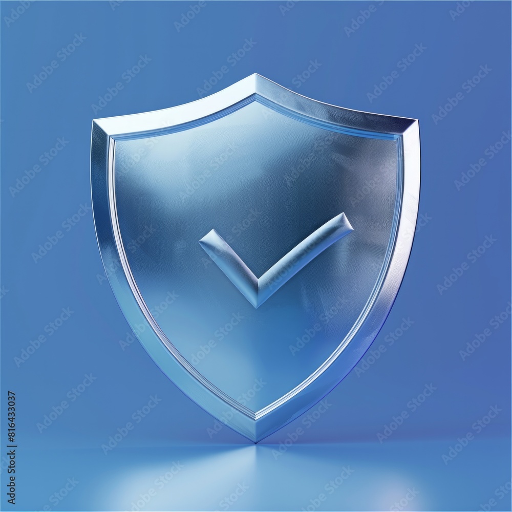 Poster personal safety app icon a 3d shield with a checkmark. strong blues and confident silvers can imply 