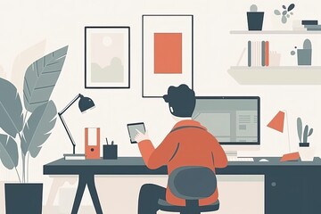 Fototapeta premium An individual is browsing on a smartphone in a sleek and organized home office area