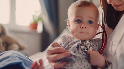 Mother baby and stethoscope of pediatrician for healthcare consulting check lungs and breathing for heartbeat Doctor happy infant kid and chest assessment in clinic hospital and medica : Generative AI