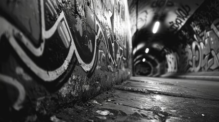 Black and white image capturing the gritty texture of graffiti in an urban tunnel