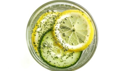 Dewy fresh detox drink with cucumber and lemon, clear glass top view, ideal for health-focused advertising, isolated background