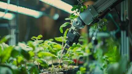 Detailed view of smart robotic arms planting seeds in a modern greenhouse, highlighting precision and efficiency in autonomous farming