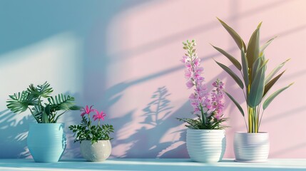 Plants and Flowers Photorealistic illustration of potted plants and flowers against a pastel background with copy space for text or logo, beautifully illuminated by studio lighting 