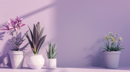 Photorealistic illustration of potted plants and flowers against a purple pastel background with copy space for text or logo, beautifully illuminated by studio lighting