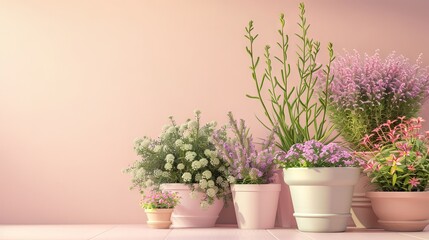 Photorealistic illustration of potted plants and flowers against a pastel background with copy space for text or logo, beautifully illuminated by studio lighting 