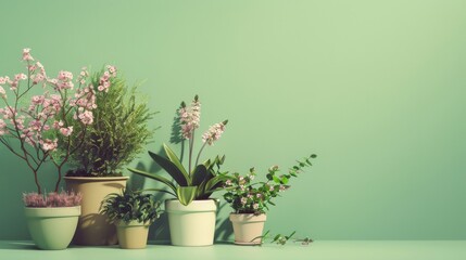 Photorealistic illustration of potted plants and flowers against a green pastel background with copy space for text or logo, beautifully illuminated by studio lighting 