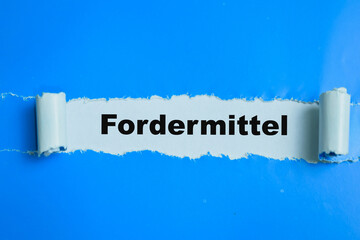 Concept of Learning language - German. Fordermittel it means funding written on torn paper.