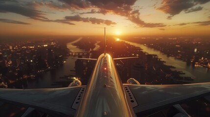 Obraz premium Rear view of a plane in flight with sunset background