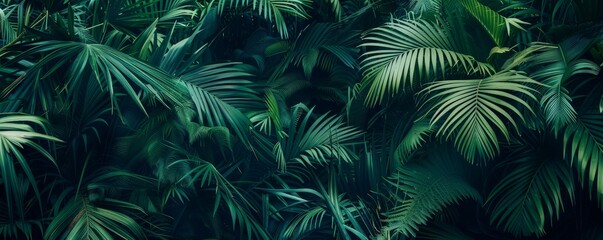 Dense green tropical palm leaves filling a panoramic frame with a moody vibe