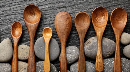 Detailed top view of wooden spoons set against stones, highlighting textures and natural appeal, isolated for advertising with studio lighting