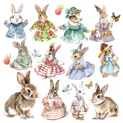 Fototapeta premium A collection of watercolor illustrations of rabbits in various outfits