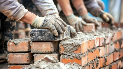 A team of builders laying bricks for a fireplace surround. 