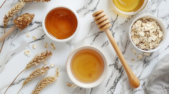 Detailed top view of a DIY skincare setup with honey and oatmeal, ready for mask preparation on a marble countertop, studio-lit