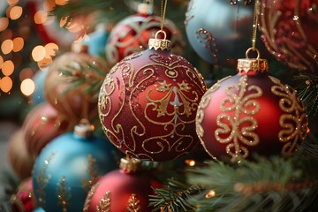 A close up of a bunch of ornaments on a tree