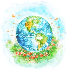 Naklejka premium A beautiful watercolor painting of the Earth surrounded by colorful flowers and butterflies