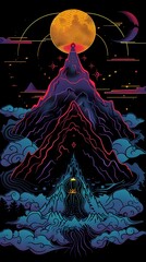 Stylized Cosmic Mountain Surrounded by Celestial Beings in Vibrant 80s Synthwave