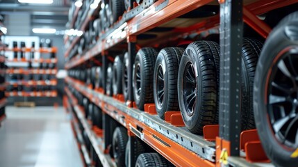 Fototapeta premium Detailed close-up of a car tire storage area in a service shop, showcasing a well-organized warehouse setup, ideal for advertising