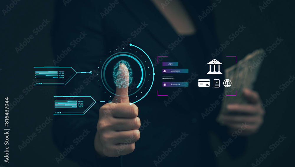 Poster businessman scans fingerprint to access banking app. concept of setting up cyber security protection