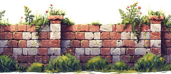 brick wall covered with grass pattern background, 2D game level rocks with grass, cartoon illustration for game design, platformer game elements on white and transparent background