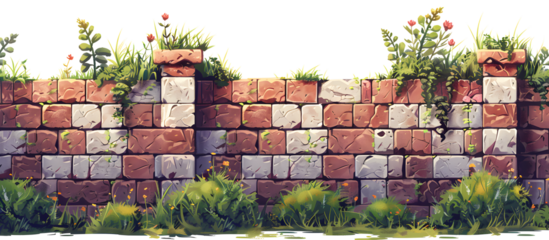 brick wall covered with grass pattern background, 2D game level rocks with grass, cartoon illustration for game design, platformer game elements on white and transparent background