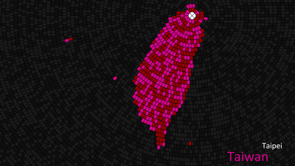 A map of Taiwan is presented as a mosaic with a dark background, and the country's borders are outlined in the shape of a colorful mosaic, centered around the capital city.